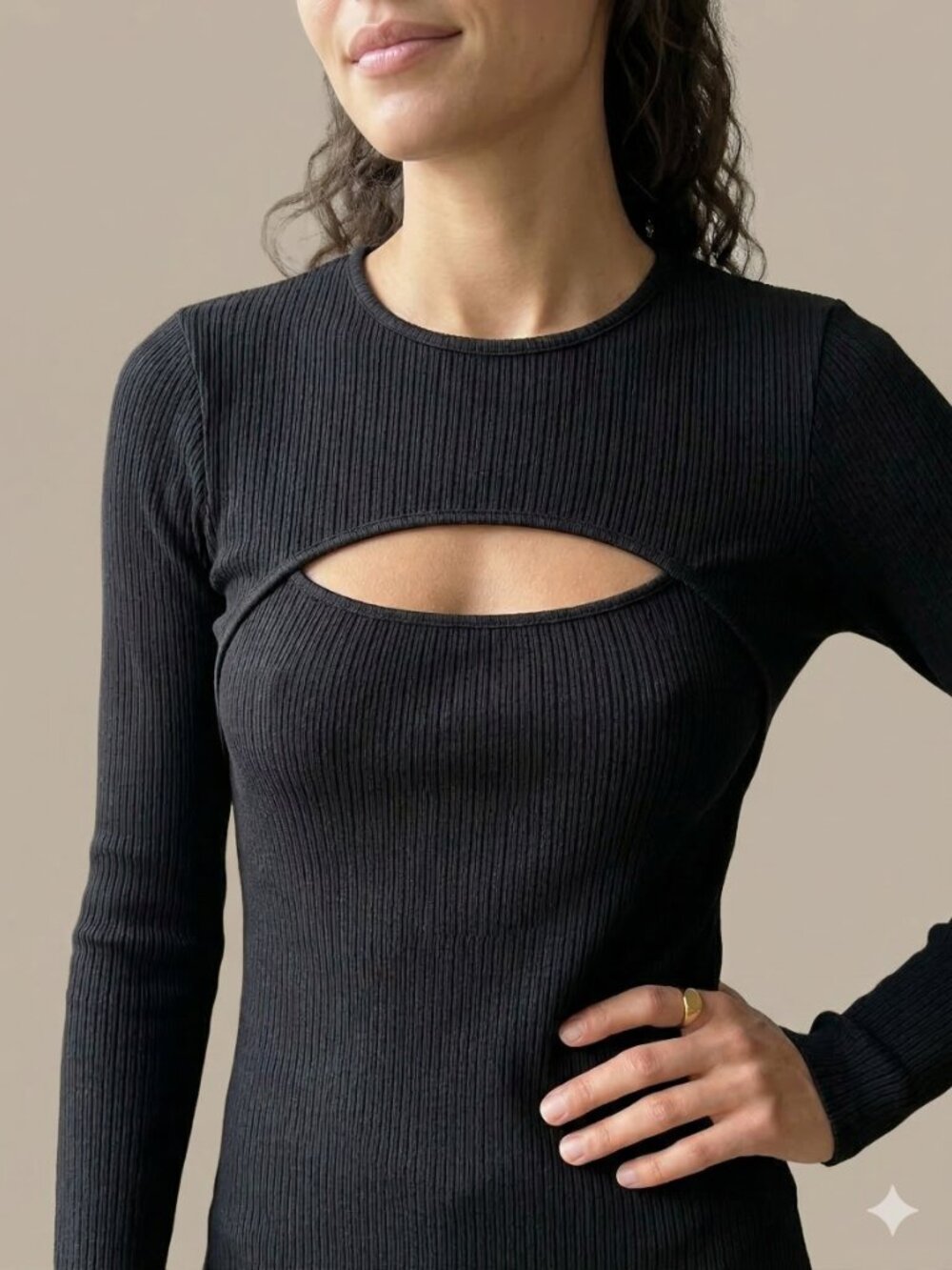 AGOLDE Lyza Ribbed Cutout Long Sleeve Top Black XS Fitted Keyhole
